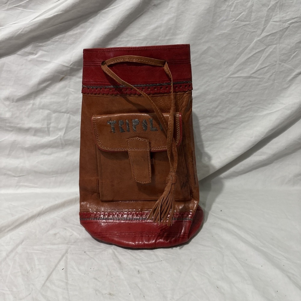 Vintage Cyprus Tourist Leather Drawstring Wrist Bag Handbag Wristlet Purse Tote‎